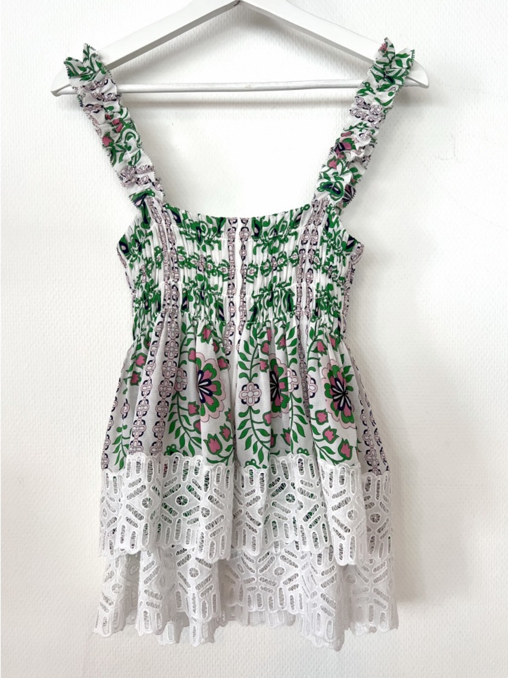 Tory Burch Silk/Cotton Green & Pink Floral Print and Eyelet Hem